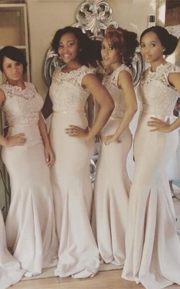 Newest Lace Mermaid Illusion Champagne Bridesmaid Dress Cap Sleeve