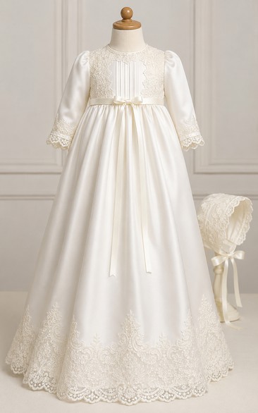 Baby Christening Gown Vintage Modest Princess Ball Gown Long Sleeve Tulle Lace Floor-Length Sweep Train with Bow Sash in Ivory