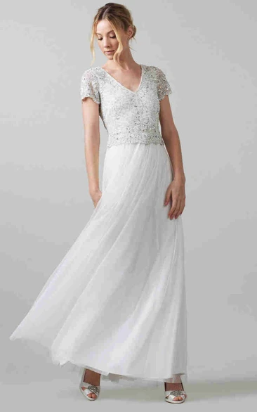 Sheath Short-Sleeve Long V-Neck Chiffon Wedding Dress With Sequins And Keyhole