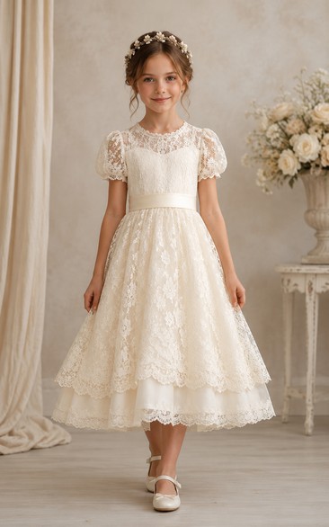 Vintage Tea-length Lace Puff Sleeve Flower Girl Dress