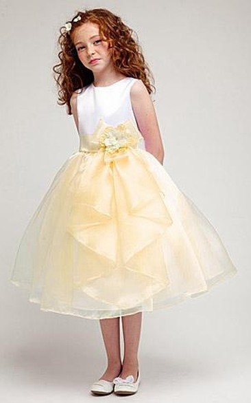 Tea-Length Split-Front Bowed Organza&Satin Flower Girl Dress