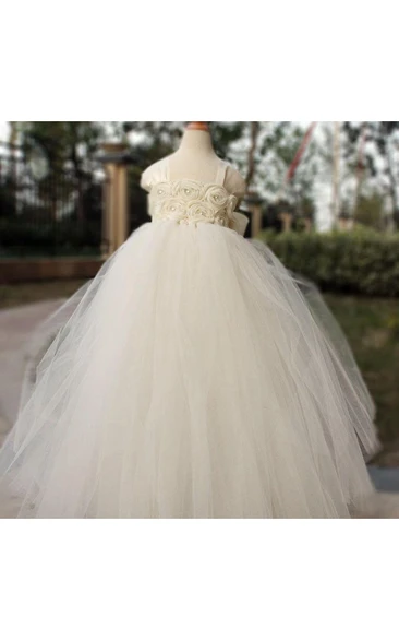 Square Neckline Cap Sleeve Empire Tulle Ball Gown With Flowers