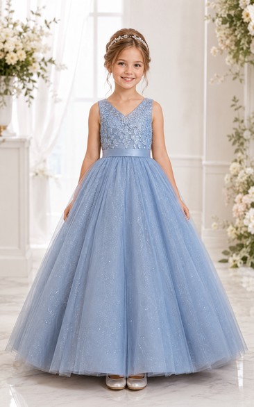 Steel Blue Ball Gown Lace Flower Girl Dress with Bow Sash