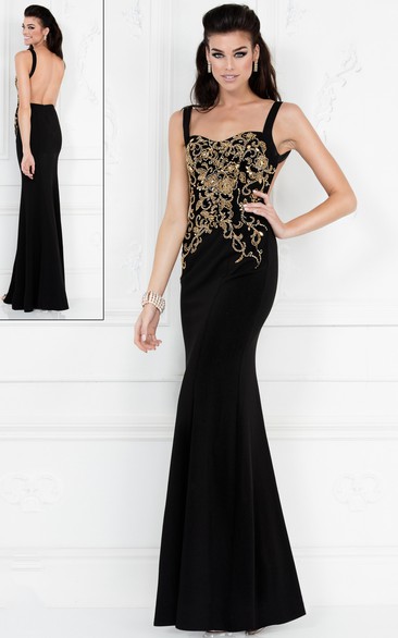 Sheath Long Straps Sleeveless Jersey Backless Dress With Beading