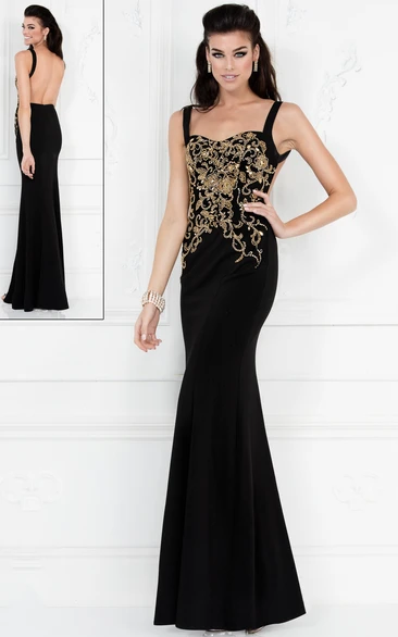 Sheath Long Straps Sleeveless Jersey Backless Dress With Beading