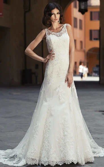 A-Line Appliqued Floor-Length Scoop-Neck Sleeveless Lace Wedding Dress