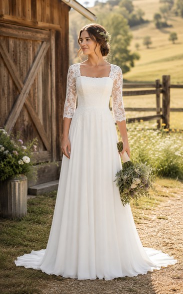 Simple Square Neck A-Line Country Wedding Dress with Three Quarter Lace Sleeves