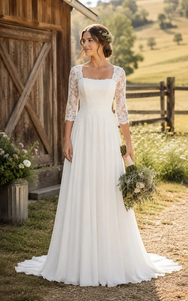 Simple Square Neck A-Line Country Wedding Dress with Three Quarter Lace Sleeves