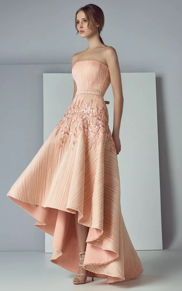 Coral Strapless Formal High-low Applique Party Wedding Dress