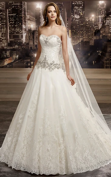 Sweetheart Brush-train A-line Lace Wedding Gown with Beaded Details and Appliques 