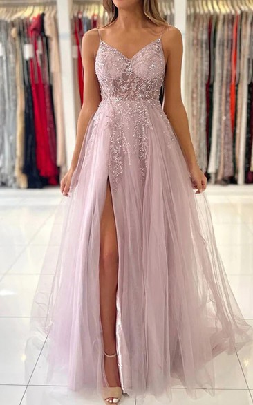 Spaghetti Front Split Beaded Applique Front Split Tulle Evening Prom Dress