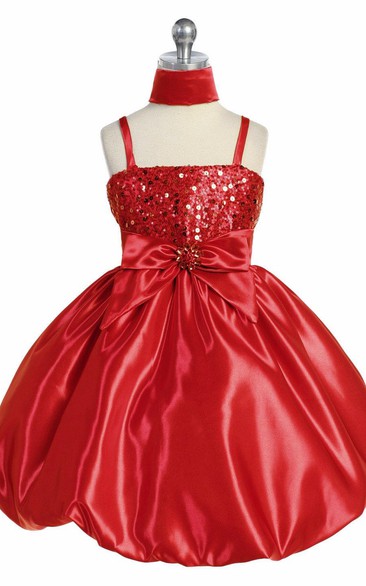 Spaghetti Midi Cap-Sleeve Bowed Sequins&Satin Flower Girl Dress With Cape