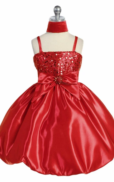 Spaghetti Midi Cap-Sleeve Bowed Sequins&Satin Flower Girl Dress With Cape