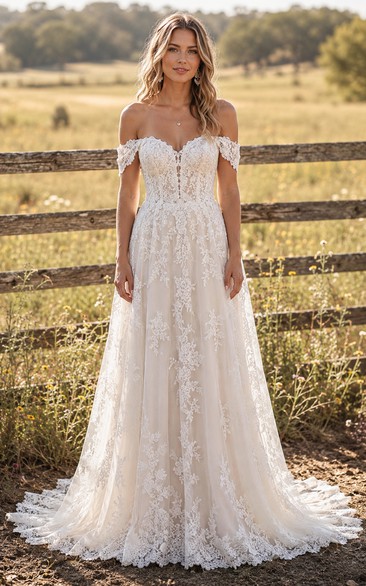 Off-the-Shoulder A-Line Lace Country Wedding Dress with Corset Back and Train