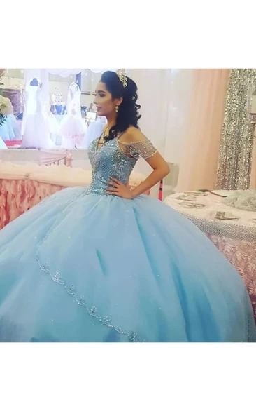 Ball Gown Off-the-shoulder Cap Sleeve Beaded Tulle Dress