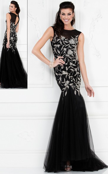 Mermaid Long Jewel-Neck Sleeveless Tulle Keyhole Dress With Beading