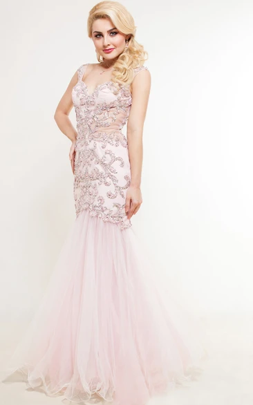 Mermaid Floor-Length Sweep V-Neck Short Sleeve Tulle Beading Lace Illusion Dress