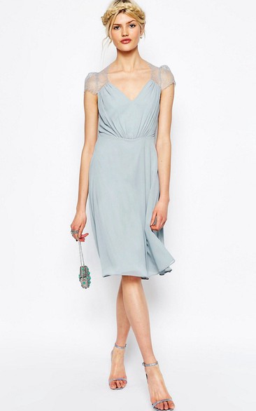 V-Neck Knee-Length Cap-Sleeve Chiffon Bridesmaid Dress With Illusion
