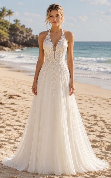 Halter Lace Bodice A-Line Wedding Dress with Plunging Neck and Chiffon Train