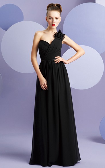 One-Shoulder A-Line Chiffon Bridesmaid Dress With Floral Single Strap