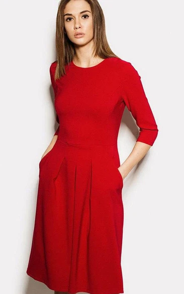 Scoop Neck 3-4 Sleeve A-line Pleated Jersey Dress With Pockets