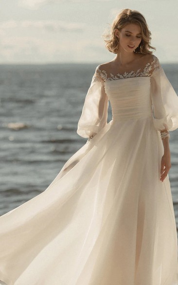 Beach Puff 3-4-sleeve Scoop-neck Empire Ruched Chiffon Wedding Dress with Bow