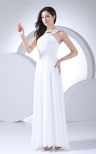 Sleeveless Pleated Floor-Length Chiffon Dress With Jeweled Neckline