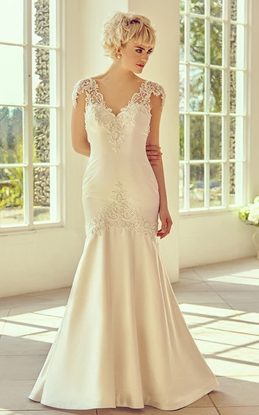 V-Neck Long Appliqued Cap-Sleeve Satin Wedding Dress With Court Train And V Back