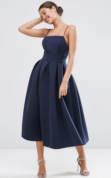 A-Line Spaghetti Tea-Length Sleeveless Satin Bridesmaid Dress