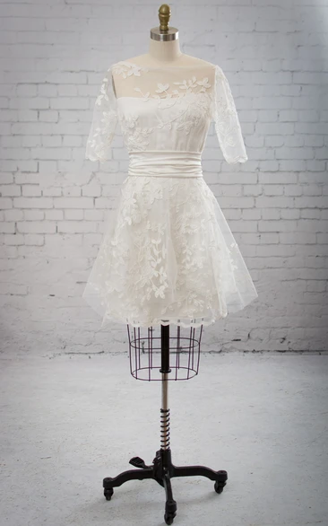 Illusion Half-Sleeved Tulle Mini Dress With Appliques And Bandage