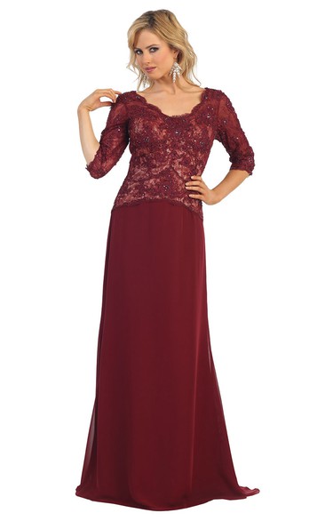 Sheath Long V-Neck Half Sleeve Lace Split Front Low-V Back Dress With Appliques