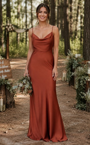 Papaya Cowl Neck Satin Sheath Bridesmaid Dress