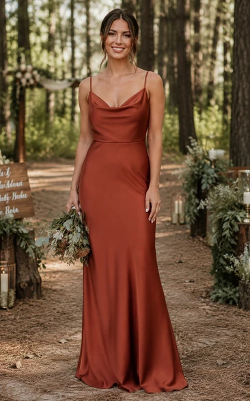 Papaya Cowl Neck Satin Sheath Bridesmaid Dress