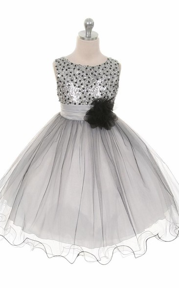 Tea-Length Pleated Tiered Sequins&Satin Flower Girl Dress