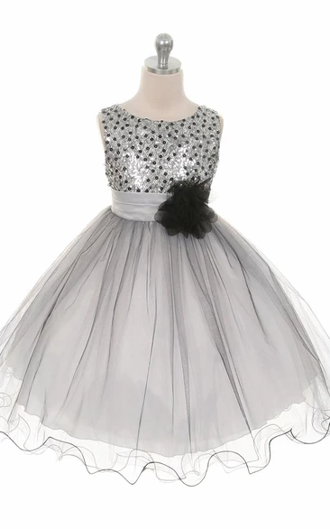Tea-Length Pleated Tiered Sequins&Satin Flower Girl Dress