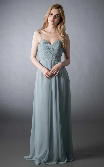 Sheath Spaghetti Long Criss-Cross Sleeveless Chiffon Bridesmaid Dress With Low-V Back And Waist Jewellery