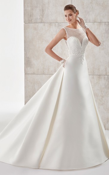 Jewel-Neck A-Line Satin Wedding Dress With Lace Bodice And Open Back