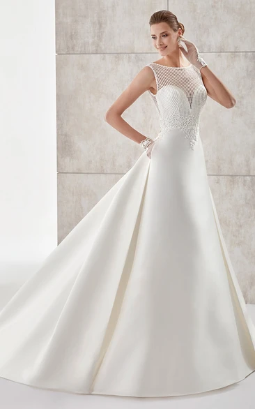 Jewel-Neck A-Line Satin Wedding Dress With Lace Bodice And Open Back