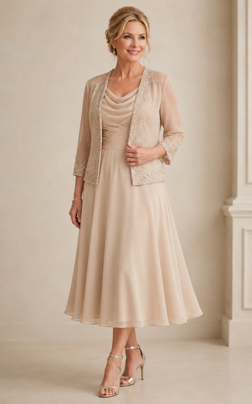Champagne Cowl Neck Mother Dress with Jacket Champagne Cowl Scoop A-Line Tea-length