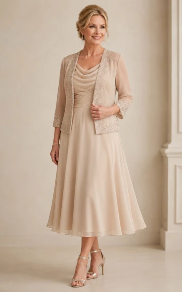 Champagne Cowl Neck Mother Dress with Jacket Champagne Cowl Scoop A-Line Tea-length