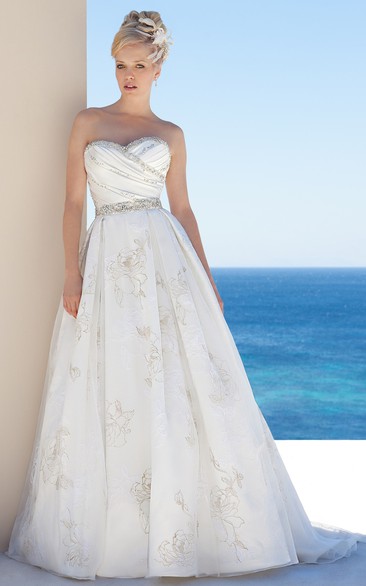 A-Line Criss-Cross Floor-Length Sleeveless Sweetheart Satin Wedding Dress With Beading And Waist Jewellery