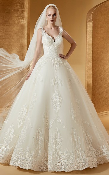 Cap Sleeve V-Neck Ball Gown With Lace Bodice And Embroideries