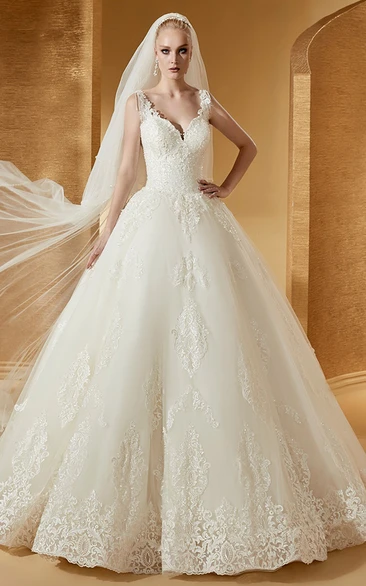Cap Sleeve V-Neck Ball Gown With Lace Bodice And Embroideries