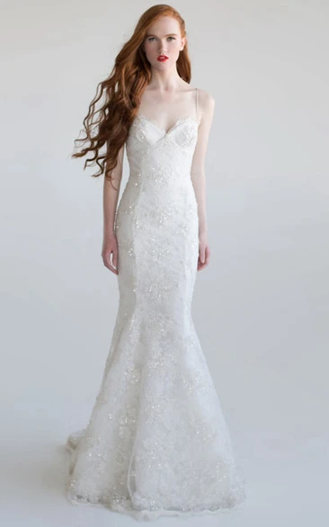 Trumpet Sleeveless Long Spaghetti Beaded Lace Wedding Dress With Appliques