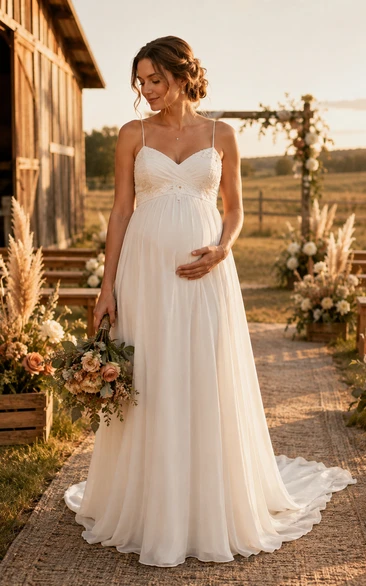 Country Maternity V-neck Chiffon A-line Wedding Dress with Lace