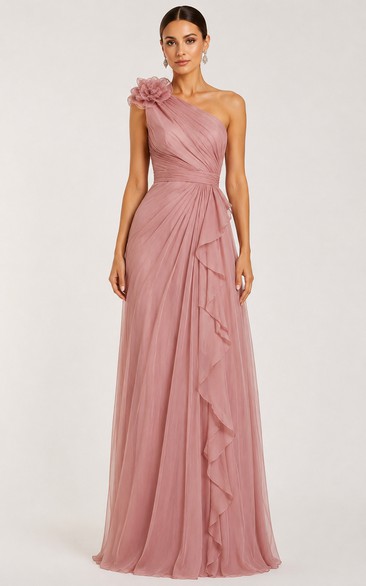 Chiffon Prom Dress in Dusty Rose, One-Shoulder A-Line Floor-Length Gown with Flower and Ruffles