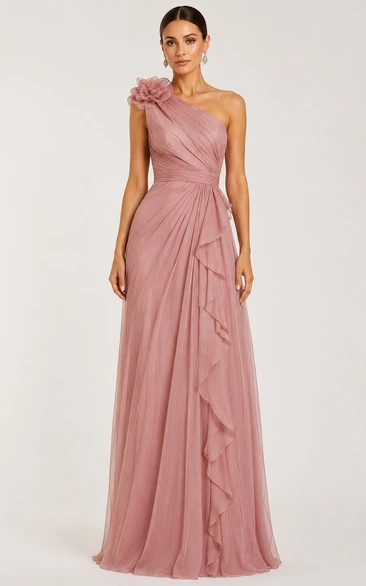 Chiffon Prom Dress in Dusty Rose, One-Shoulder A-Line Floor-Length Gown with Flower and Ruffles