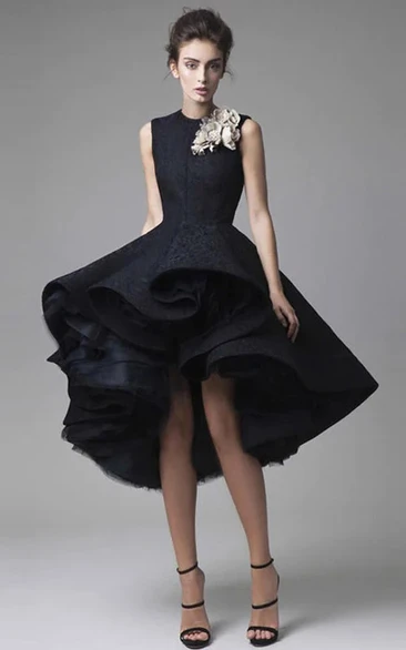 Black Formal Gothic High-low Ruffled Multi-layer Jewel-neck Cocktail Prom Wedding Dress