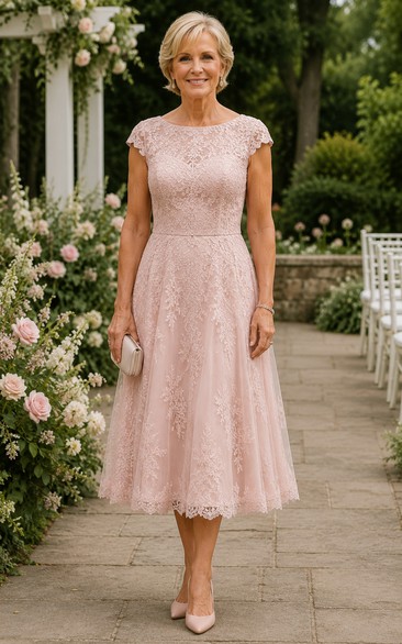 Blush A-Line Lace Cap Sleeve Tea-Length Mother Dress