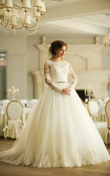 Ball Gown Long Bateau Long-Sleeve Corset-Back Tulle Dress With Appliques And Waist Jewellery